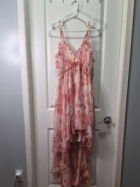 chic Floral Blush Pink High-Low Ruffle Maxi Dress